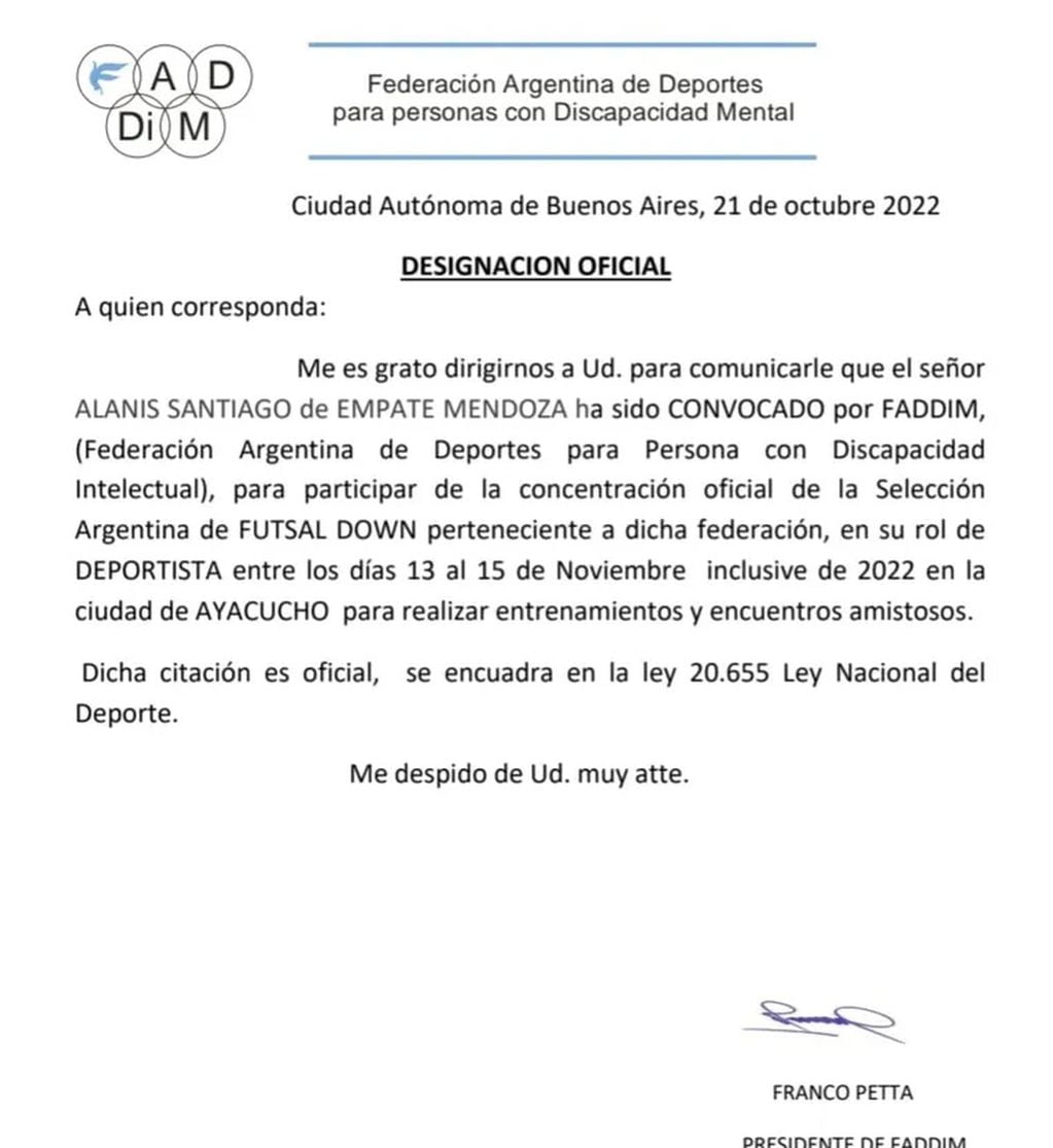 Convocatoria de la Federación Argentina para Deportes para persona con discapacidad intelectual.