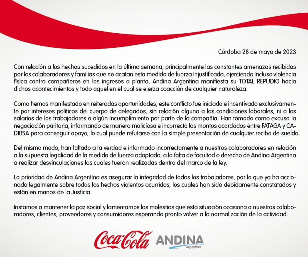 Comunicado Coca-Cola.