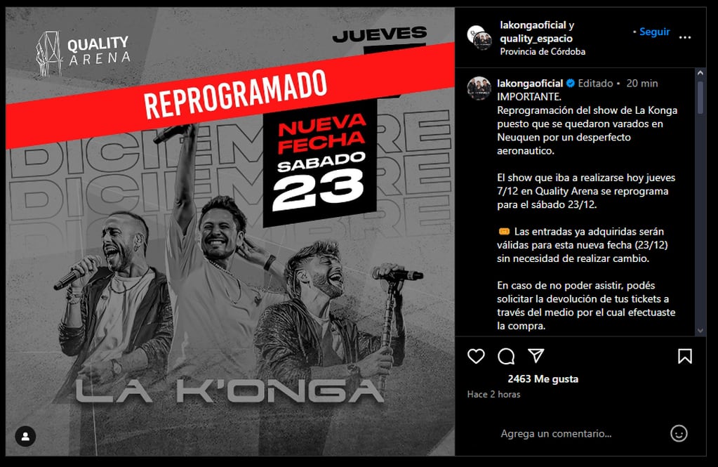 La Konga reprogramó su show en Córdoba.