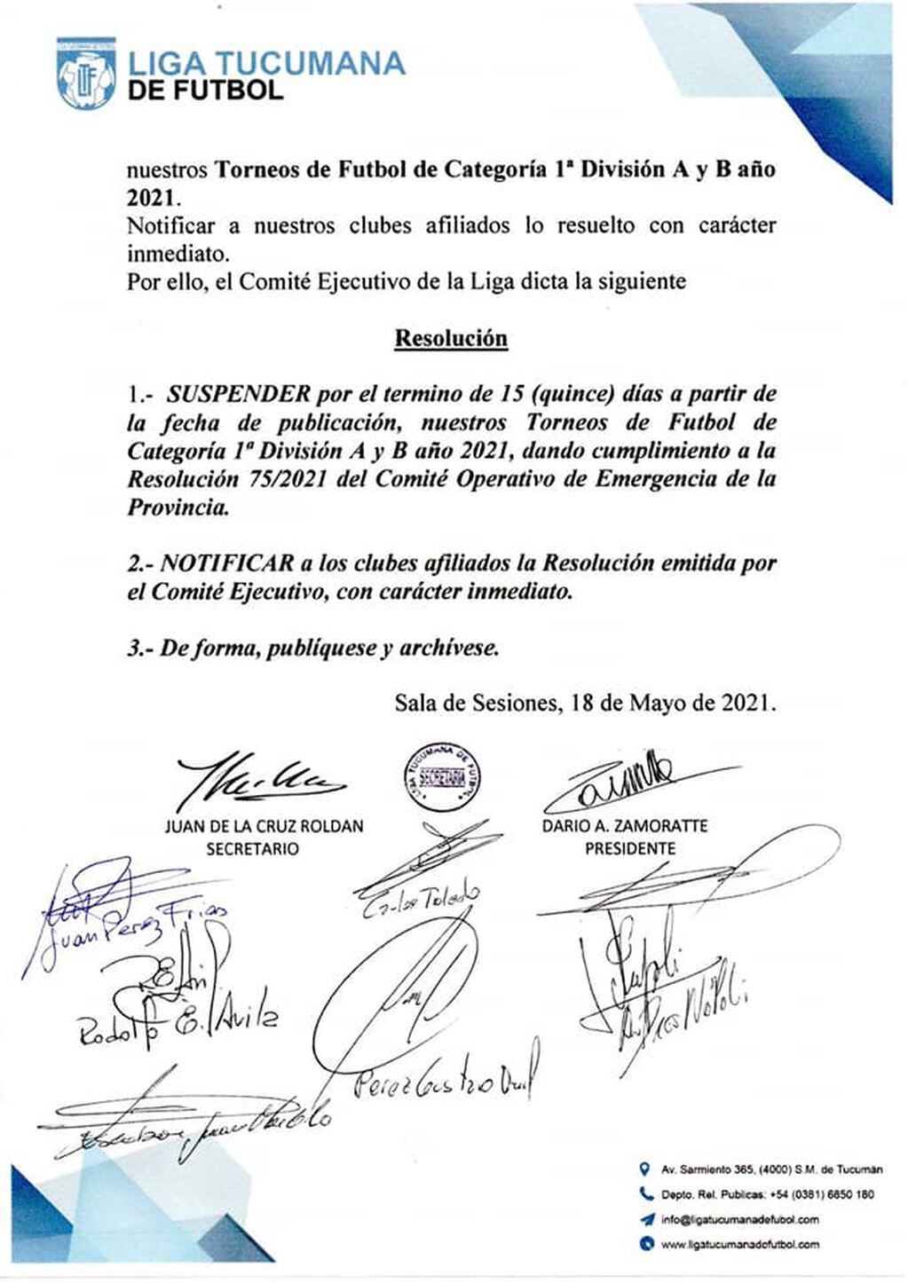 Comunicado oficial de la Liga Tucumana de Fútbol.