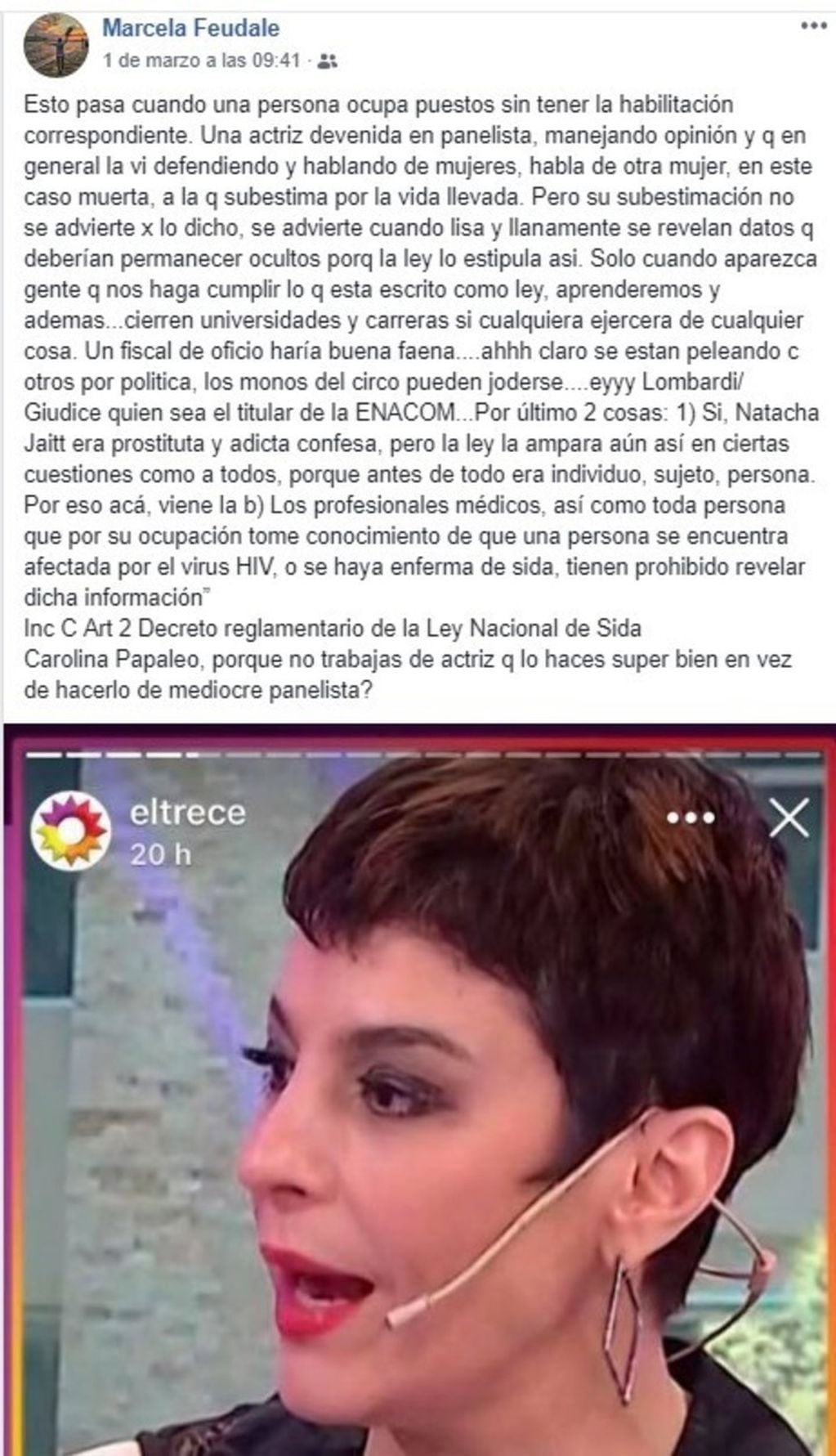 Feudale furiosa contra Carolina Papaleo (Foto: Facebook)