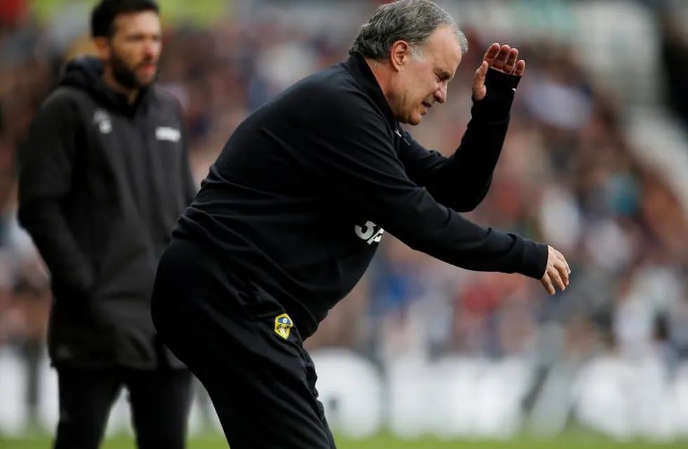 Soccer Football - Championship Play-Off Semi Final First Leg - Derby County v Leeds United - Pride Park, Derby, Britain - May 11, 2019   Leeds United manager Marcelo Bielsa reacts         Action Images via Reuters/Craig Brough    EDITORIAL USE ONLY. No use with unauthorized audio, video, data, fixture lists, club/league logos or \
