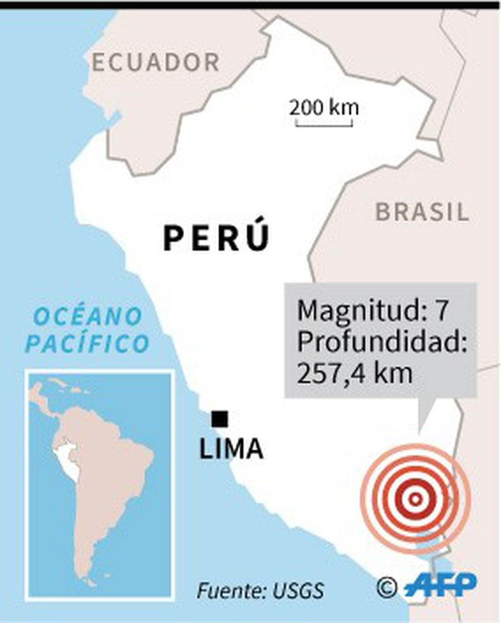 Mapa localizando el sismo de magnitud 7 y 257,4 km de profundidad ocurrido a las 08h50 GMT en Perú.