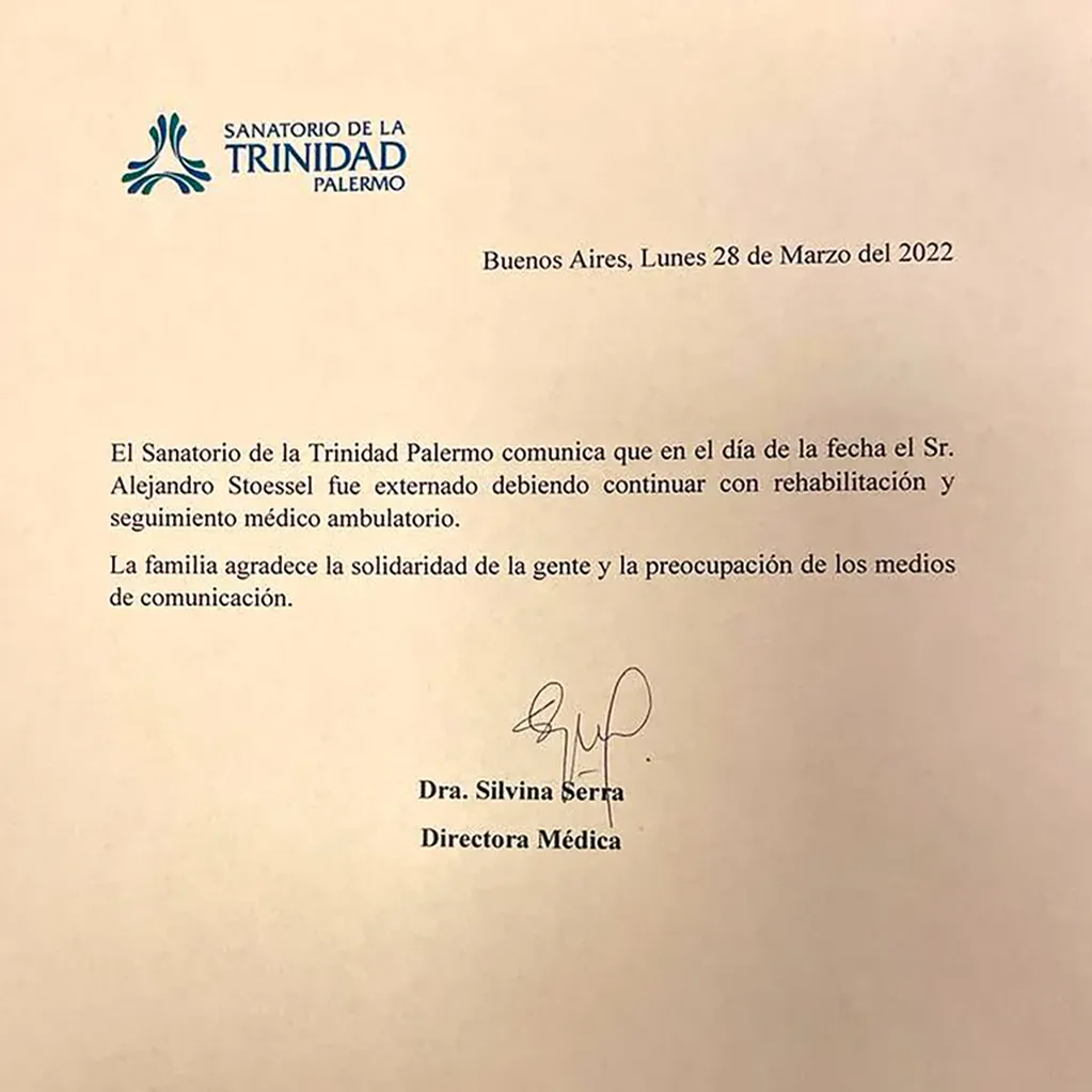El alta de Alejandro Stoessel firmado por la directora del Sanatorio de la Trinidad.