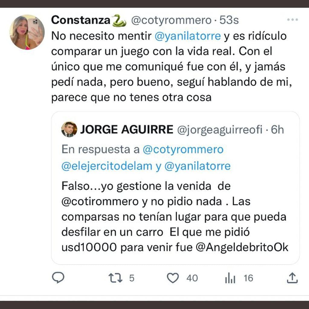 Coti Romero le contestó a Yanina Latorre y negó haber pedido 1 millón de pesos por participar de una comparsa correntina.