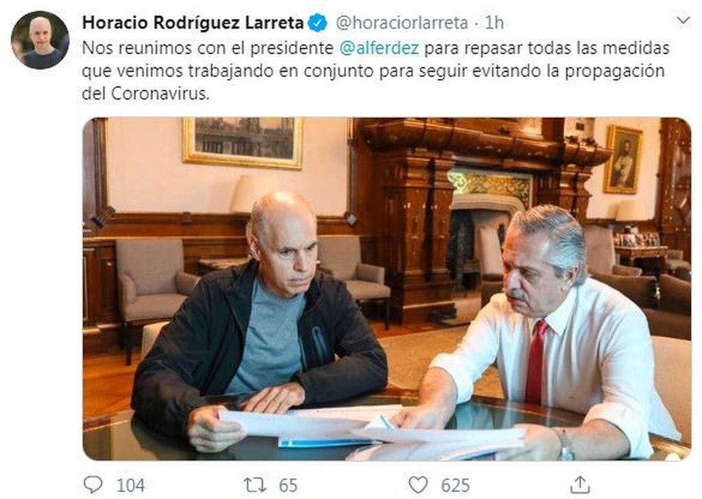 Horacio Rodríguez Larreta se reunión con Alberto Fernández. (Twitter/@horaciorlarreta)