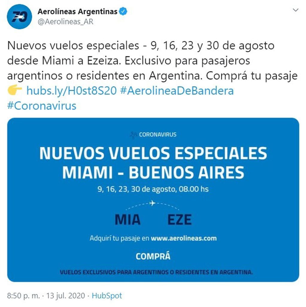 Nuevos vuelos especiales de Aerolíneas Argentinas a Miami y Madrid en agosto (Foto: captura Twitter)