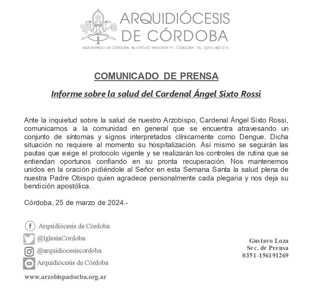 El comunicado del Arzobispado sobre el estado de salud del padre Ángel Rossi.