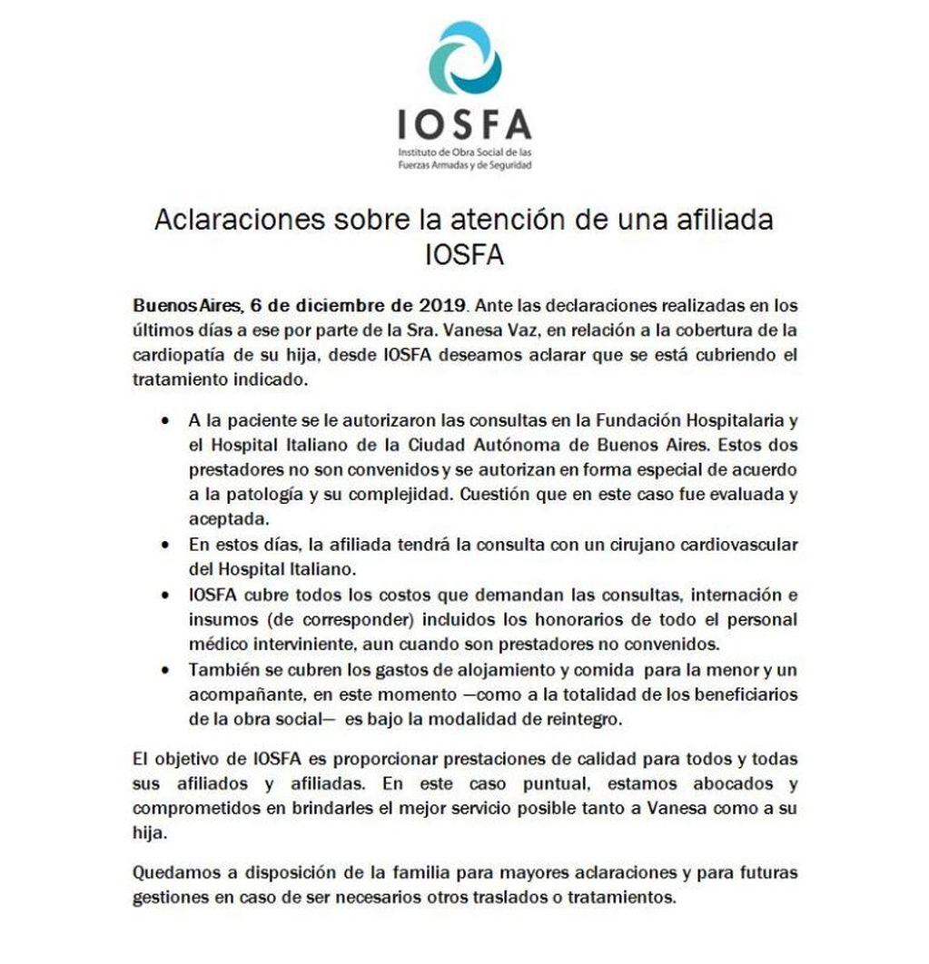 Comunicado de IOSFA sobre la situación con Vanesa Vaz