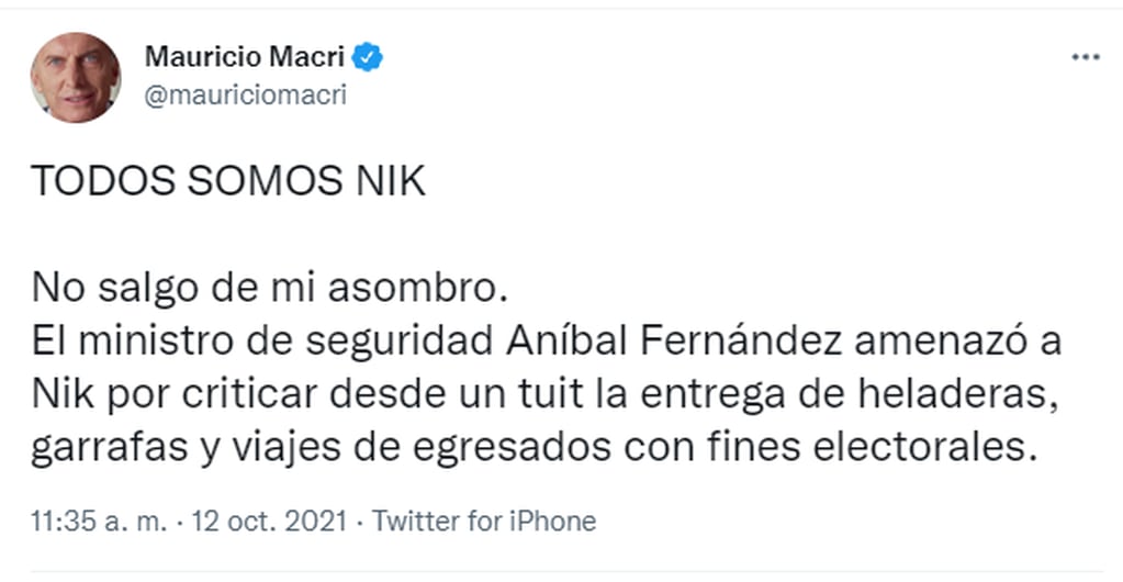 El tuit inicial de Mauricio Macri en apoyo a Nik.