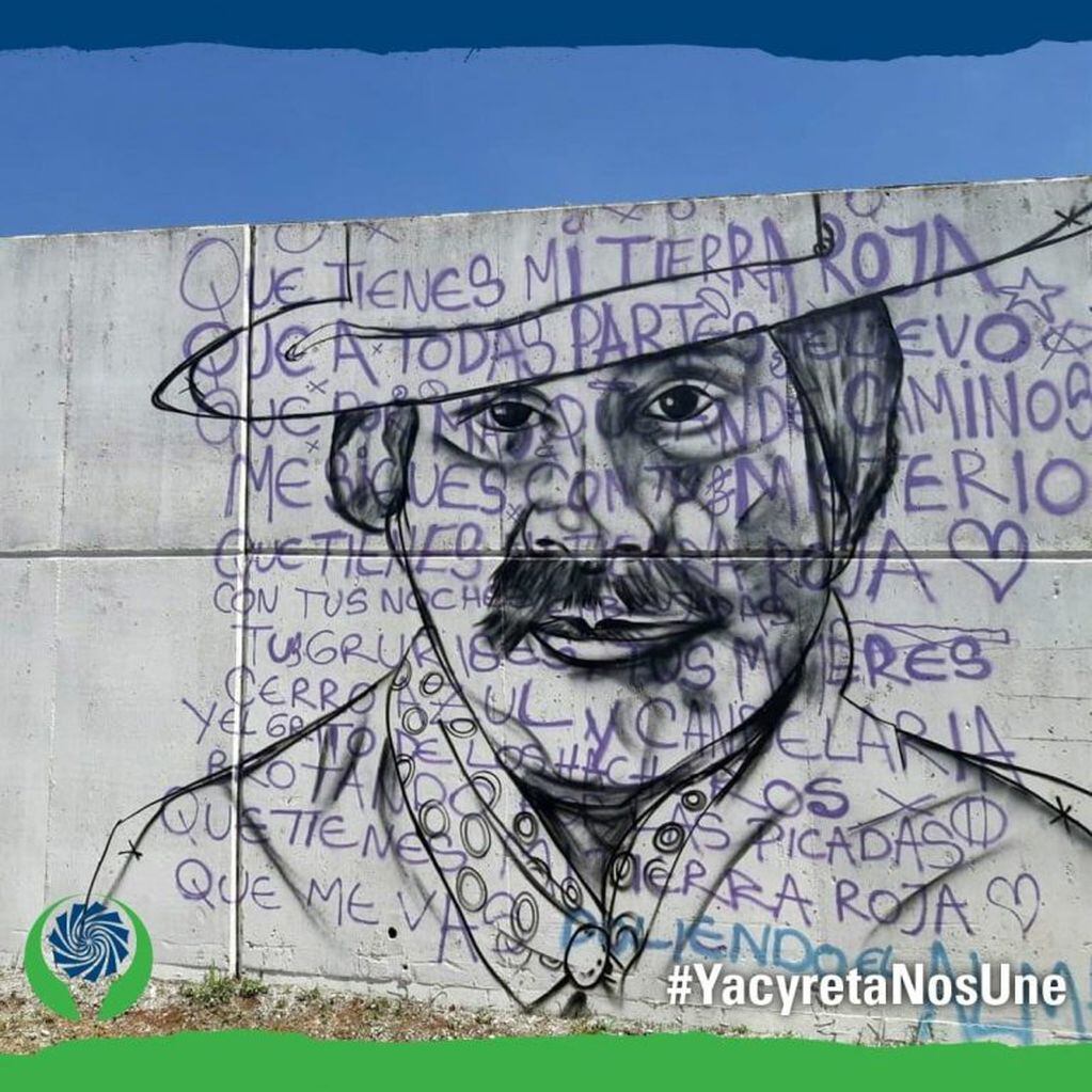 Boceto del Ramón Ayala, el máximo poeta misionero, con su poema "Posadeña Linda" en el sector del Récord Guinness de la Costanera de Posadas. (Misiones Online)