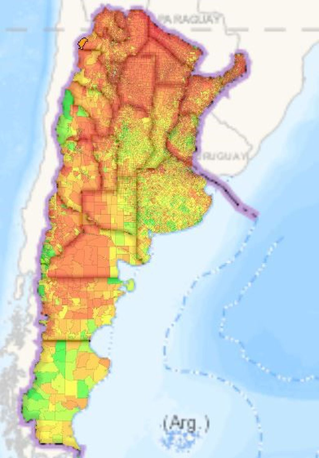 Mapa de ICV de Argentina, por distritos.
Ref: En verde mejor calidad de vida - En rojos la peor.