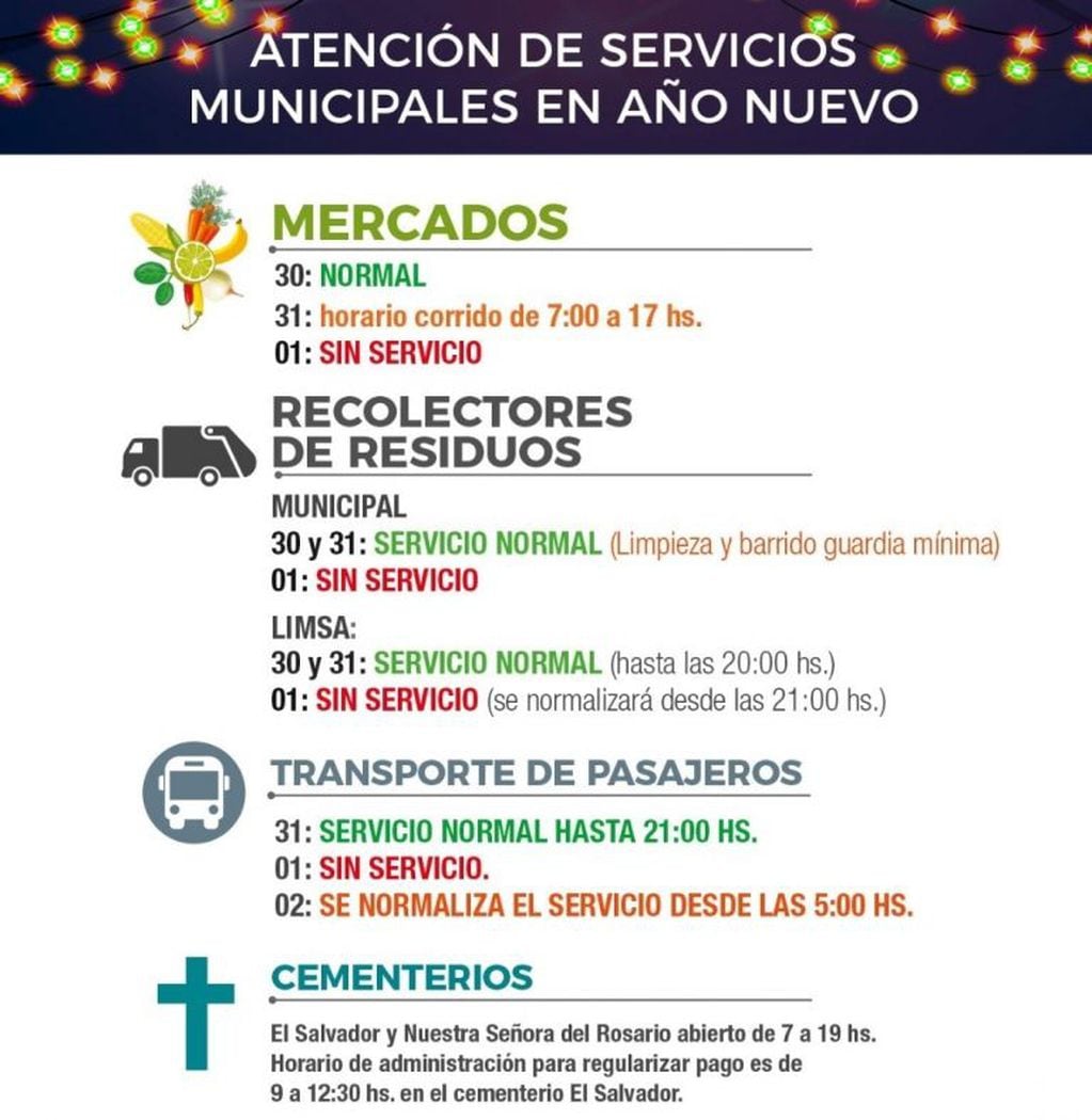 La Municipalidad de San Salvador de Jujuy dio a conocer un esquema de servicios y horarios de atención al público, para estas jornadas de celebración por el año nuevo.