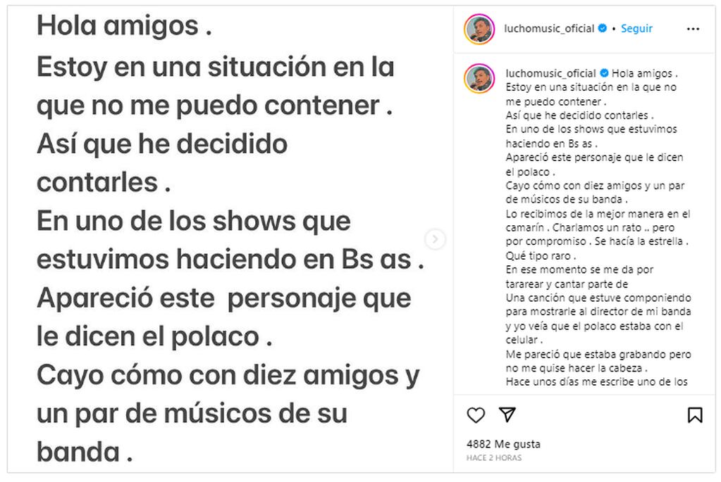 El polémico posteo que realizó el cantante cordobés en su cuenta de Instagram.