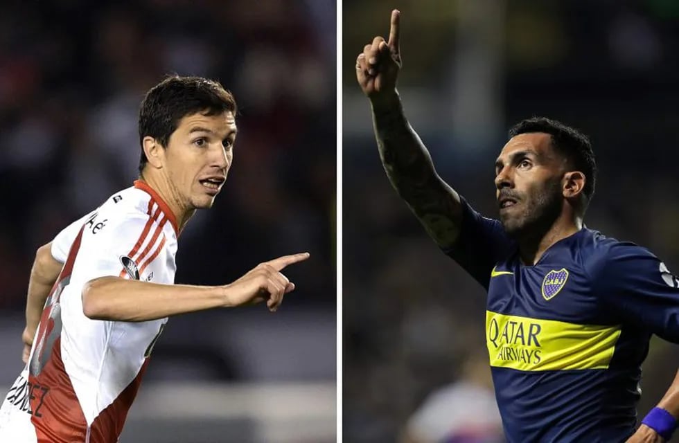 (COMBO) This combination of pictures created on March 5, 2020 shows Argentina's River Plate midfielder Ignacio Fernandez (L) celebrating after scoring the team's sixth goal against Bolivia's Wilstermann during their Copa Libertadores quarterfinals second leg football match at the Monumental stadium in Buenos Aires on September 21, 2017, and another showing Boca Juniors' forward Carlos Tevez celebrating after scoring a goal against Tigre during an Argentina's First Division Superliga match at La Bombonera stadium, in Buenos Aires on November 3, 2018. - The Argentina Superliga will have a new champion on March 7, 2020, with both River Plate and Boca Juniors having chances of being crowned. River, with 46 points, will visit Tucuman, while Boca, with 45 points, plays at home against Gimnasia. (Photo by Juan MABROMATA and Alejandro PAGNI / AFP)