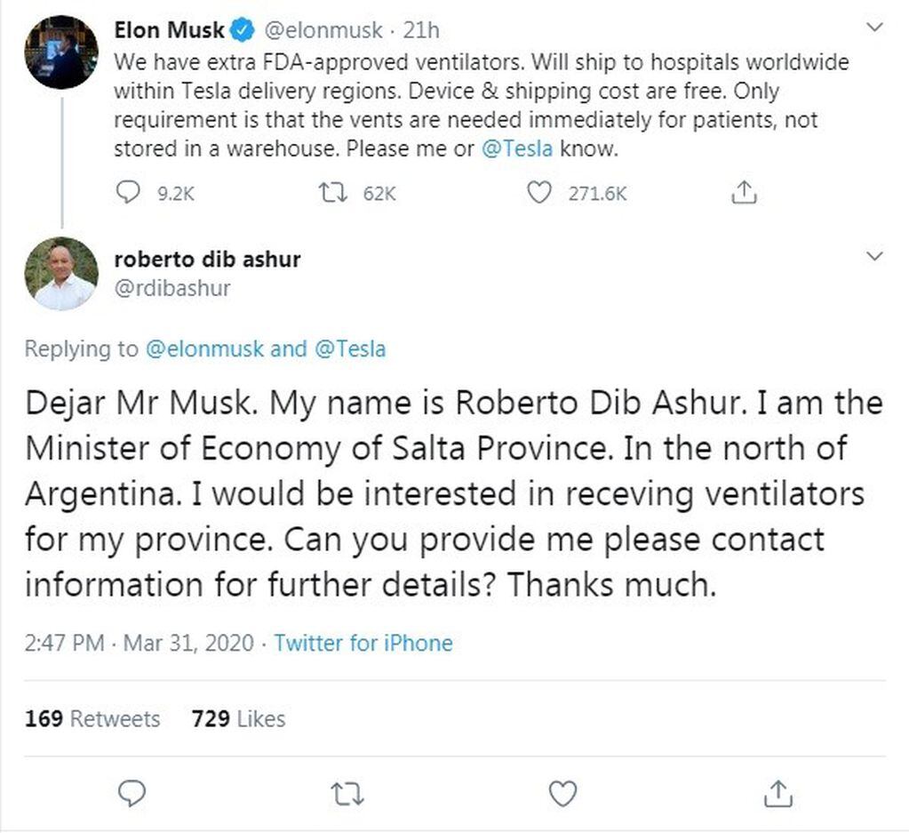 Dib Ashur pidió respiradores a Elon Musk por Twitter. (Twitter)