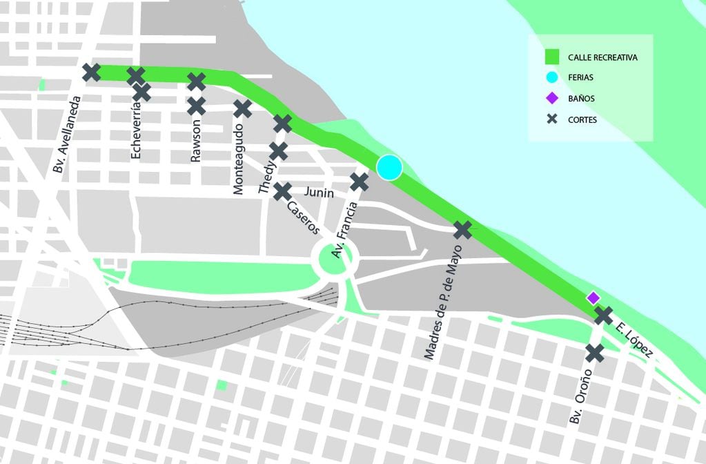 Mapa de cortes de tránsito por la Calle Recreativa nocturna (Municipalidad de Rosario)
