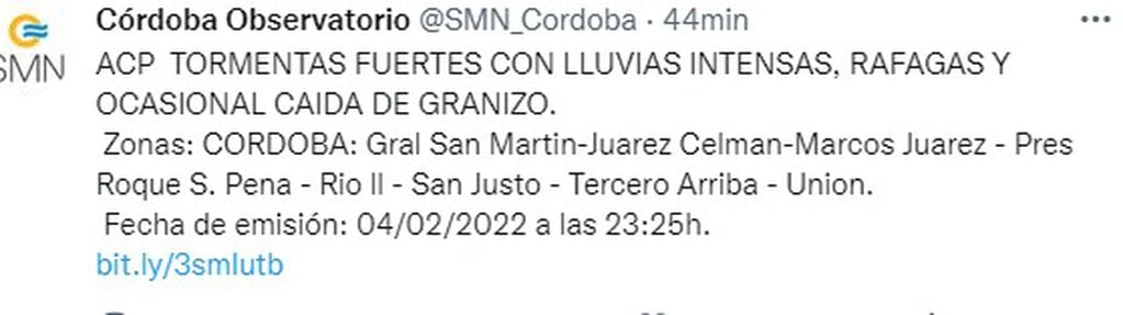 Alerta por tormentas intensas en distintos puntos de Córdoba.