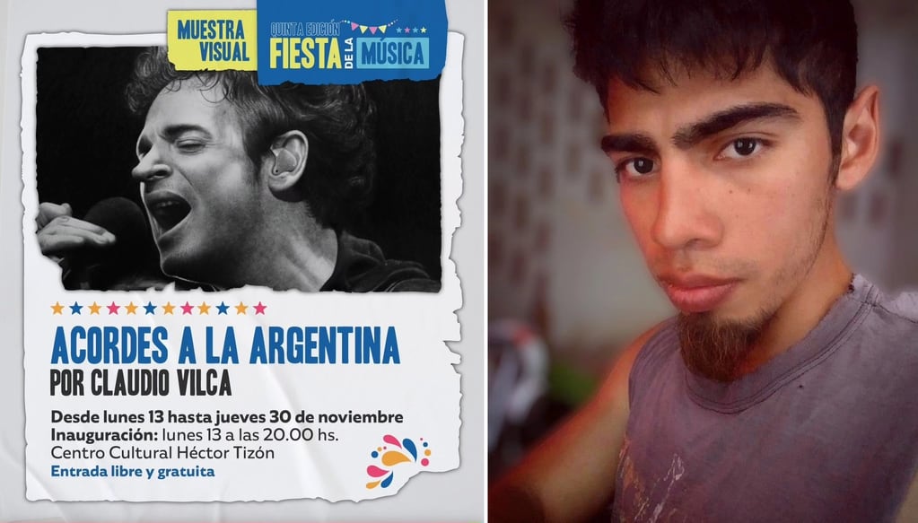 Claudio Vilca (derecha), autor de los trabajos que componen la muestra "Acordes a la Argentina" presentada en el marco de la "Fiesta de la Música" organizada por la Municipalidad de San Salvador de Jujuy.