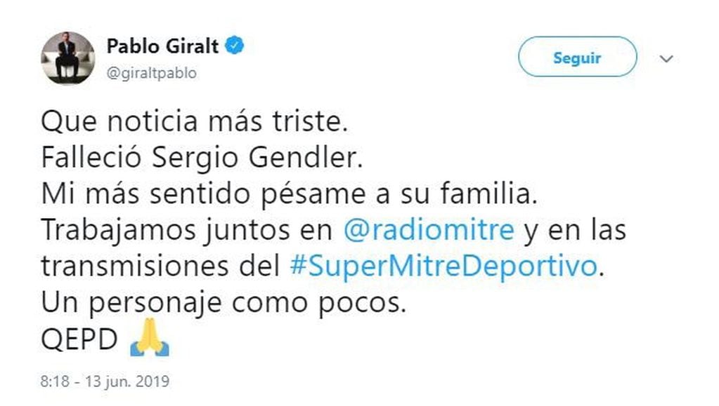 El mensaje de Pablo Giralt por la muerte de Sergio Gendler (Foto: captura Twitter)