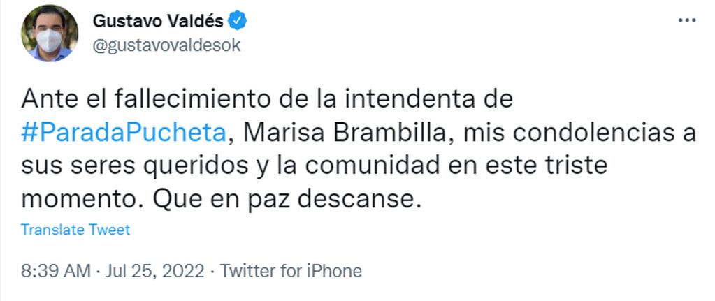 Gustavo Valdés expresó sus condolencias por la muerte de Marisa Brambilla,  intendenta de Parada Pucheta.
