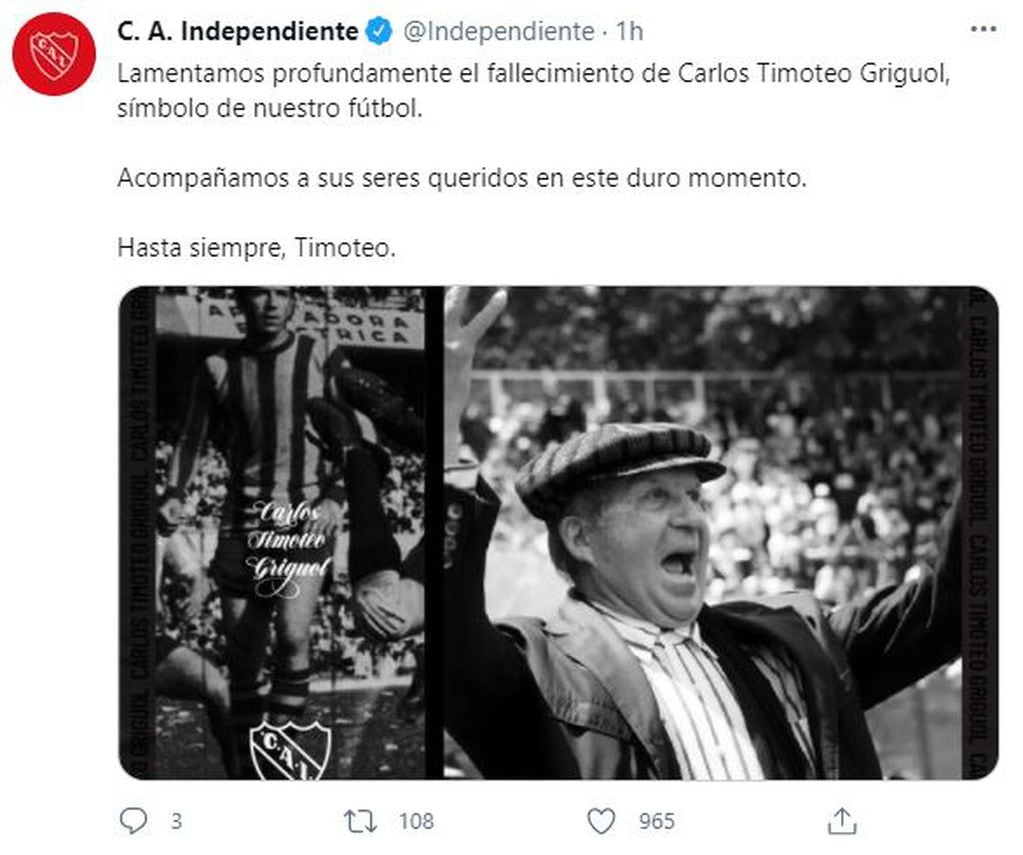 Independiente recordó a Carlos Griguol en las redes sociales.