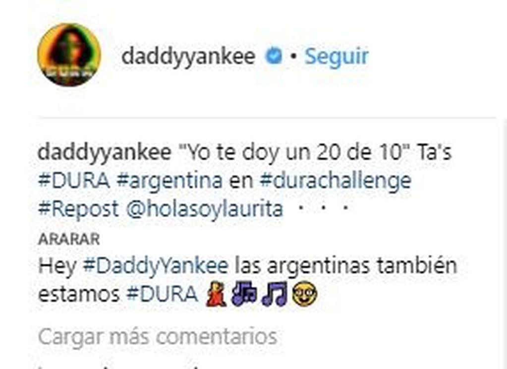 Daddy Yankee comentó un posteo de Laurita Fernandez