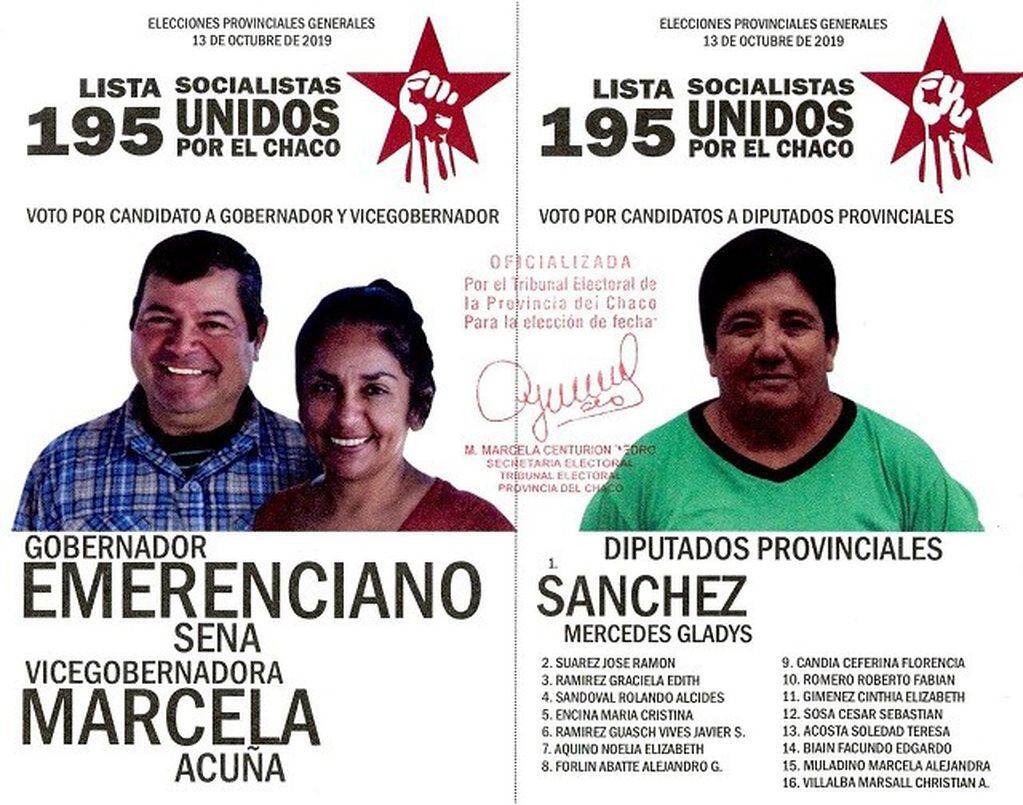 Boleta oficializada de "Socialistas Unidos por el Chaco".