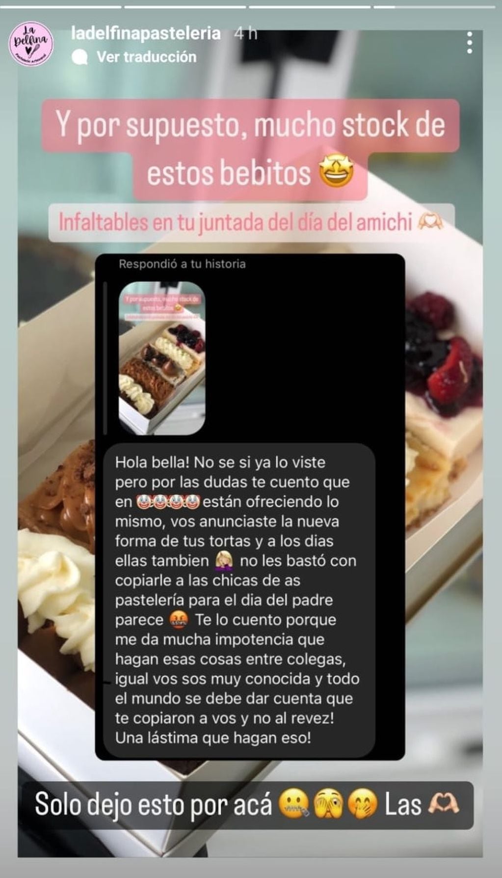 La primera historia de Instagram de la Delfina Pastelería, que acusa a la otra de plagio.