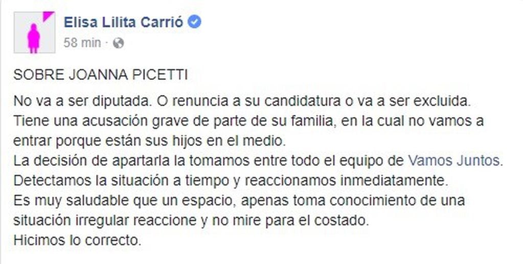 Elisa Carrió sobre Joanna Picetti. Fuente: Facebook.