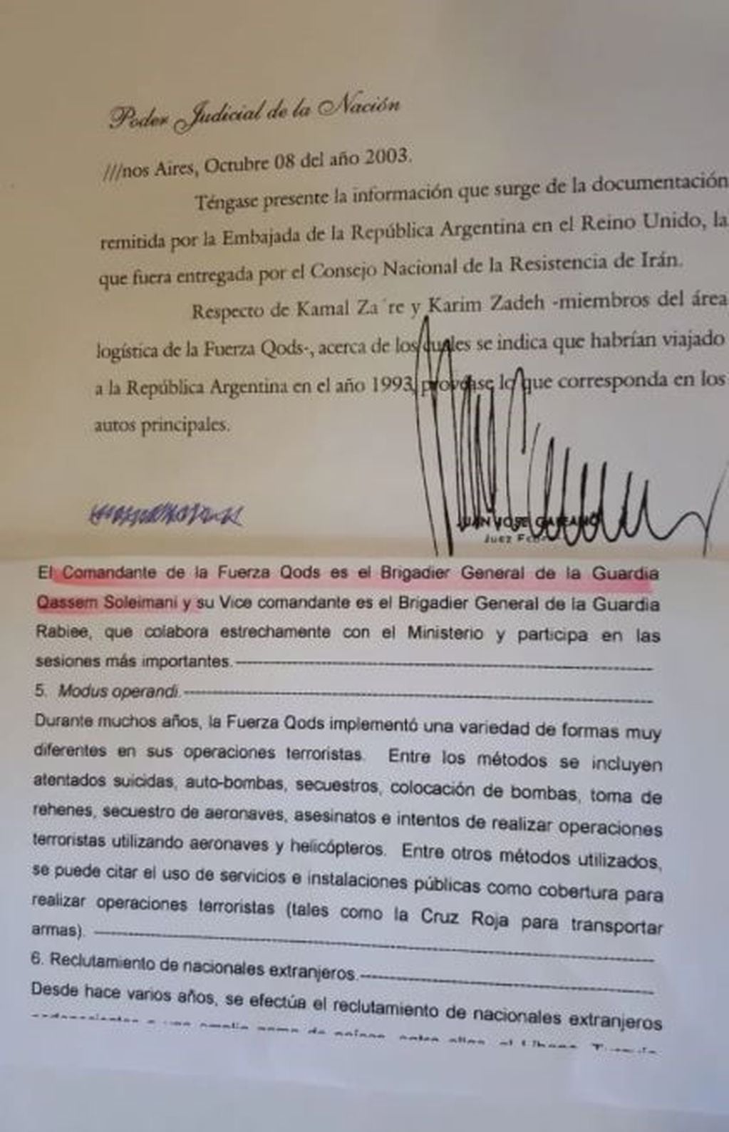 Documento sobre la causa AMIA (Fuente:Clarín)