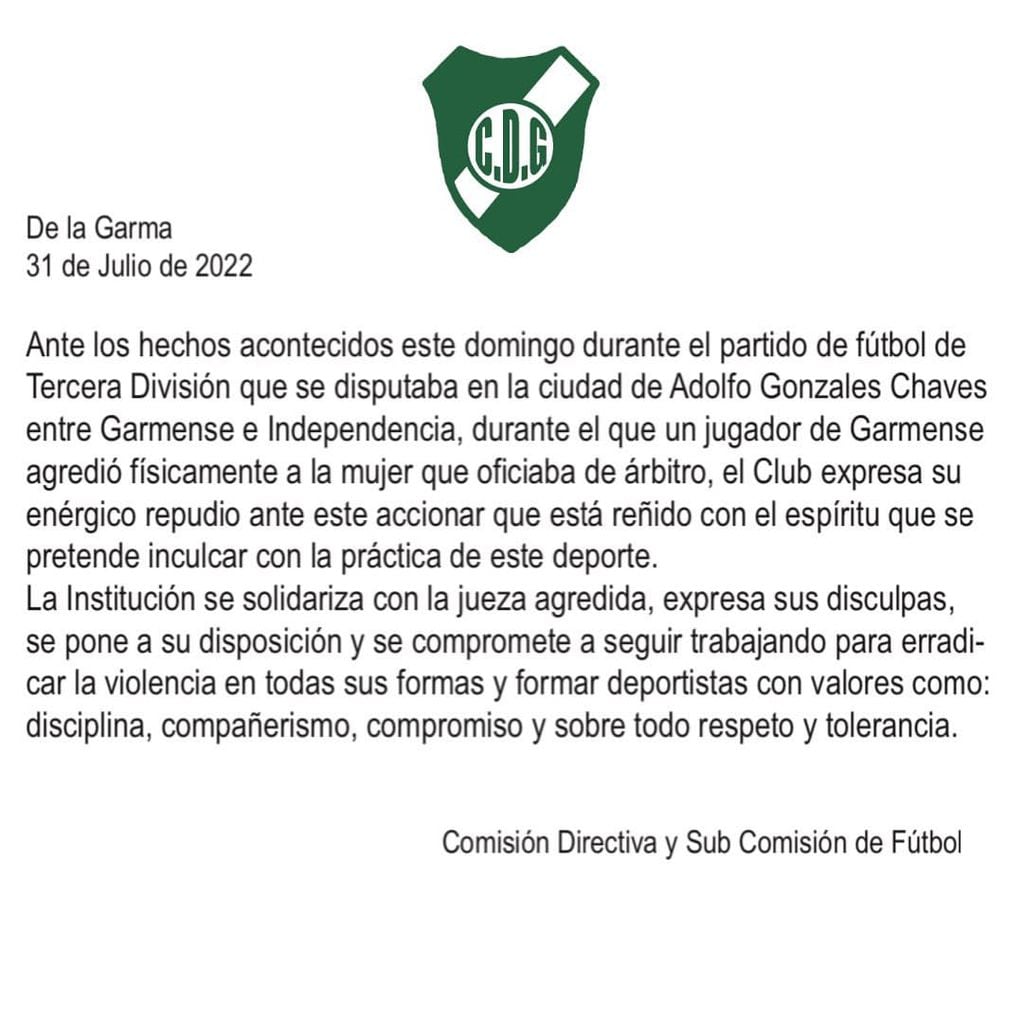 Comunicado de las autoridades del Club Deportivo Garmense tras los hechos de violencia.