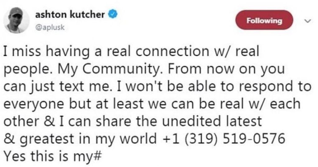 El tuit de Ashton Kutcher con su número de celular. (Captura)