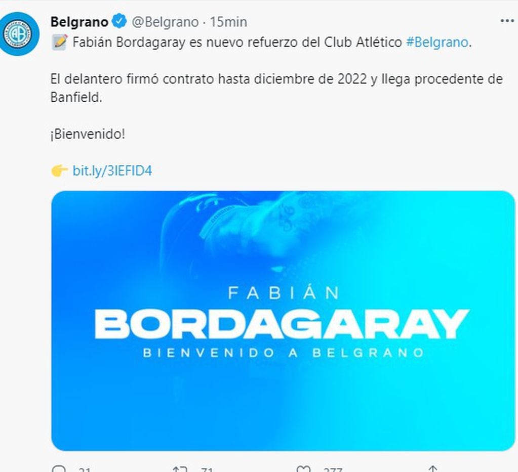 Bordagaray viene de jugar en Banfield, para reforzar la ofensiva de Belgrano.
