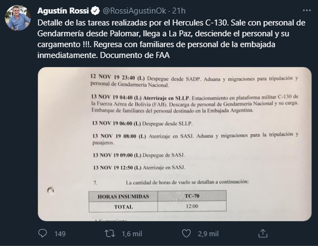 El ministro de Defensa, Agustín Rossi, reveló que “se constató que el avión Hércules C-130 perteneciente a la Fuerza Aérea, en el que se transportó el material bélico, había salido desde El Palomar”