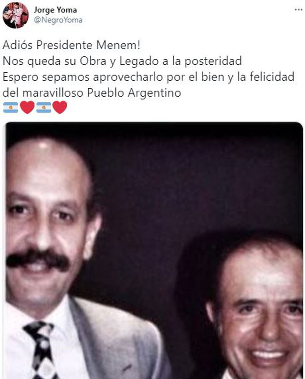 Jorge Yoma despidió a Carlos Menem en Twitter.