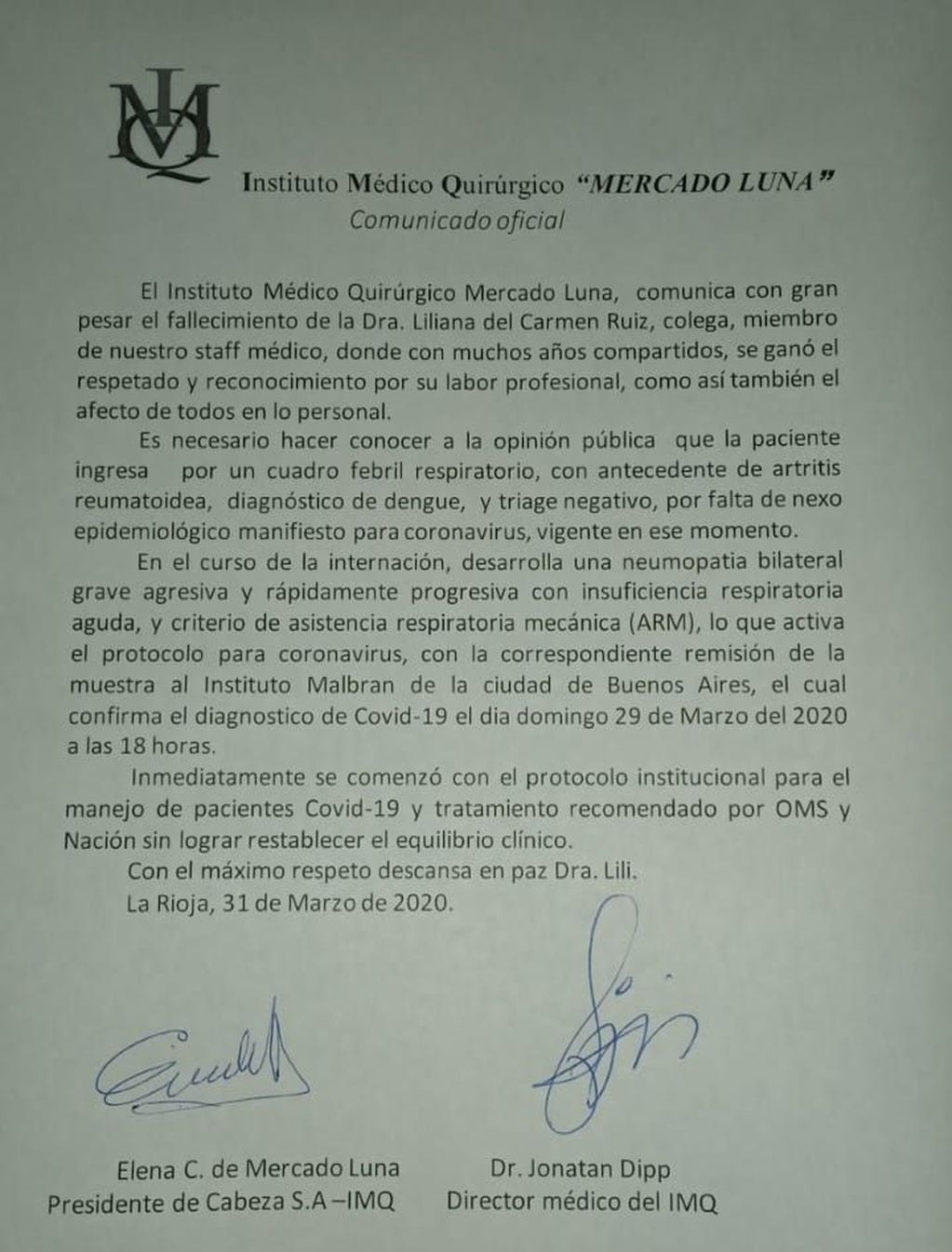 Comunicado Oficial - Instituto Médico Quirúrgico Mercado Luna