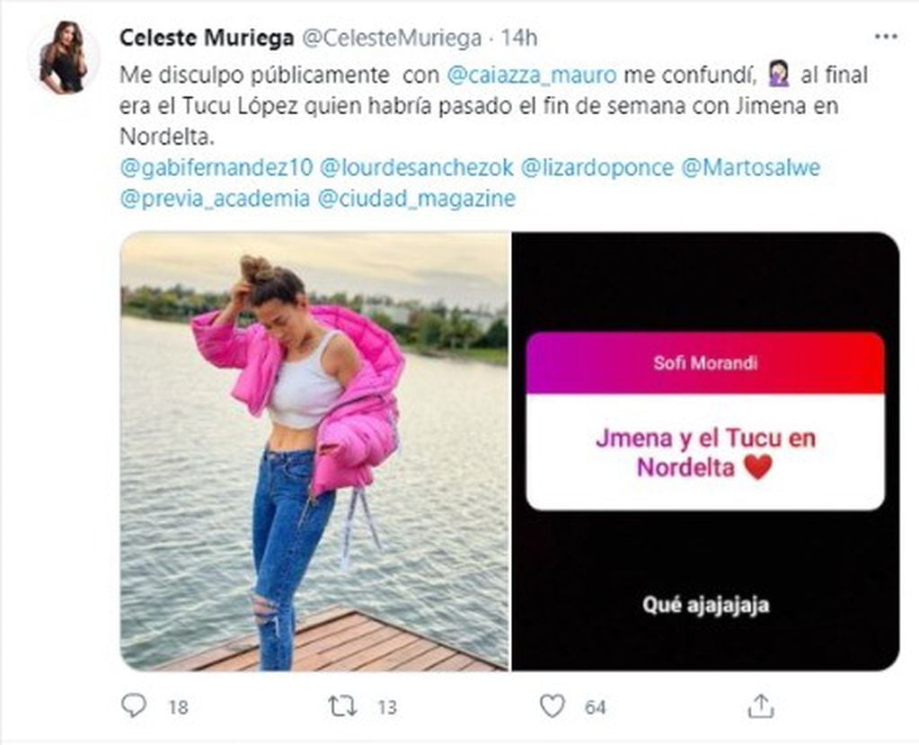 Tweet de Celeste Muriega sobre el rumor de Jimena Barón y Mauro Caiazza.
