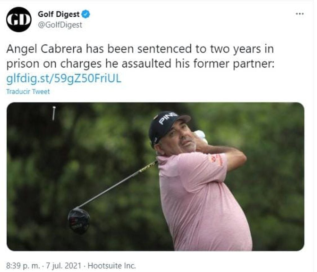 Golf Digest, de Estados Unidos, tituló "Angel Cabrera fue sentenciado a dos años de prisión por cargos de asalto a su pareja"