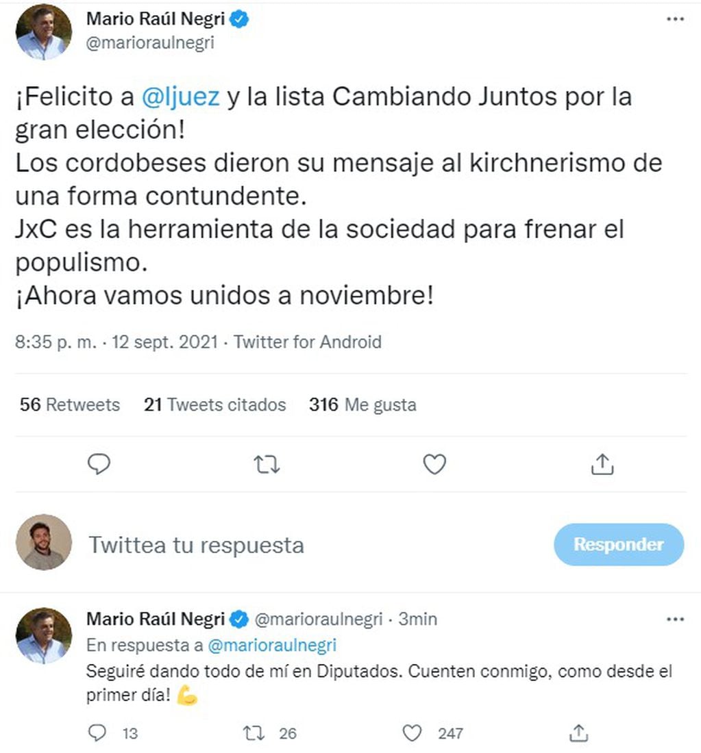 Mario Negri felicitó a través de Twitter a Luis Juez por el resultado en las PASO 2021.