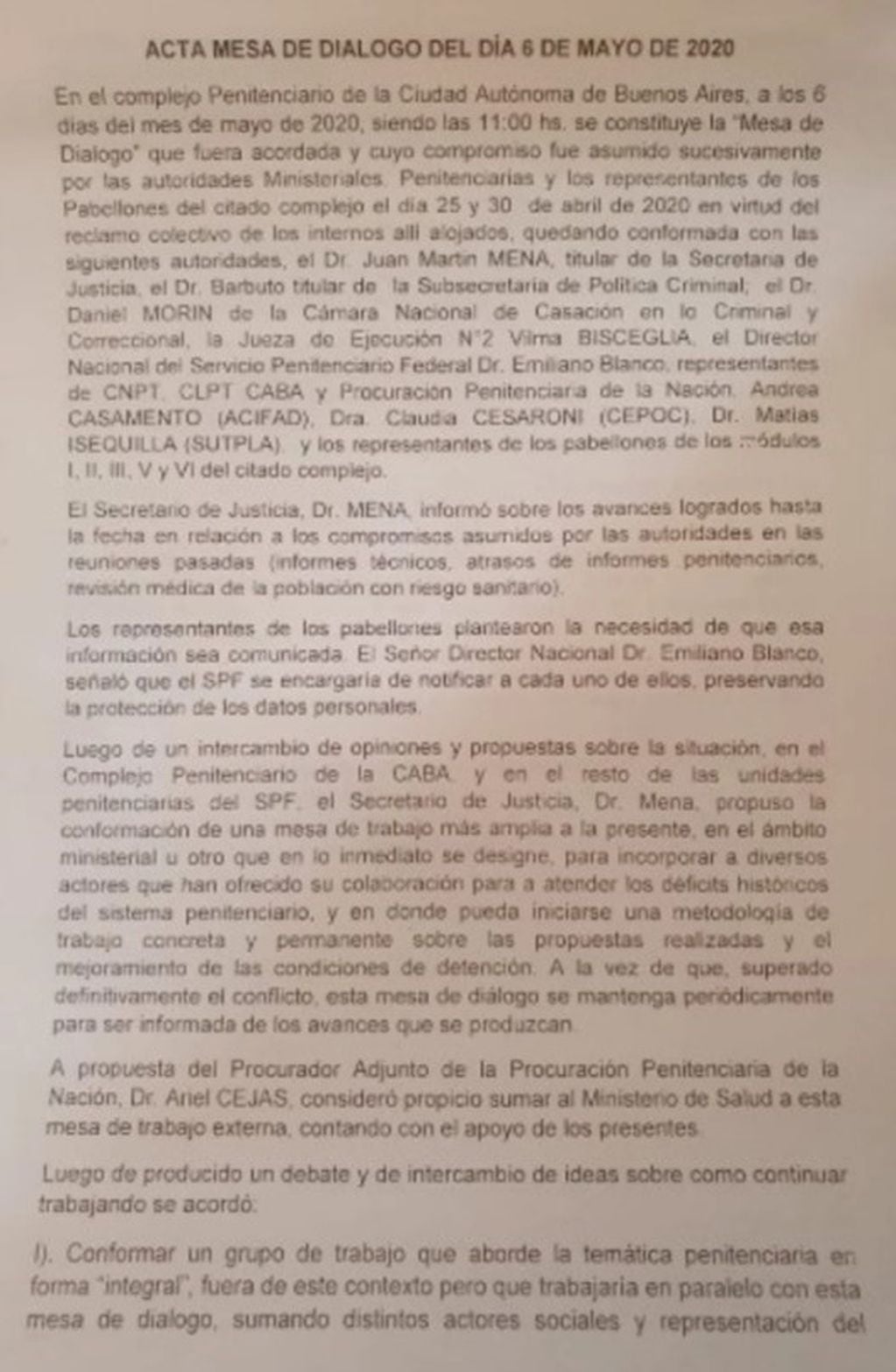 El acta que firmaron los presos del penal de Devoto y las autoridades. (Archivo)
