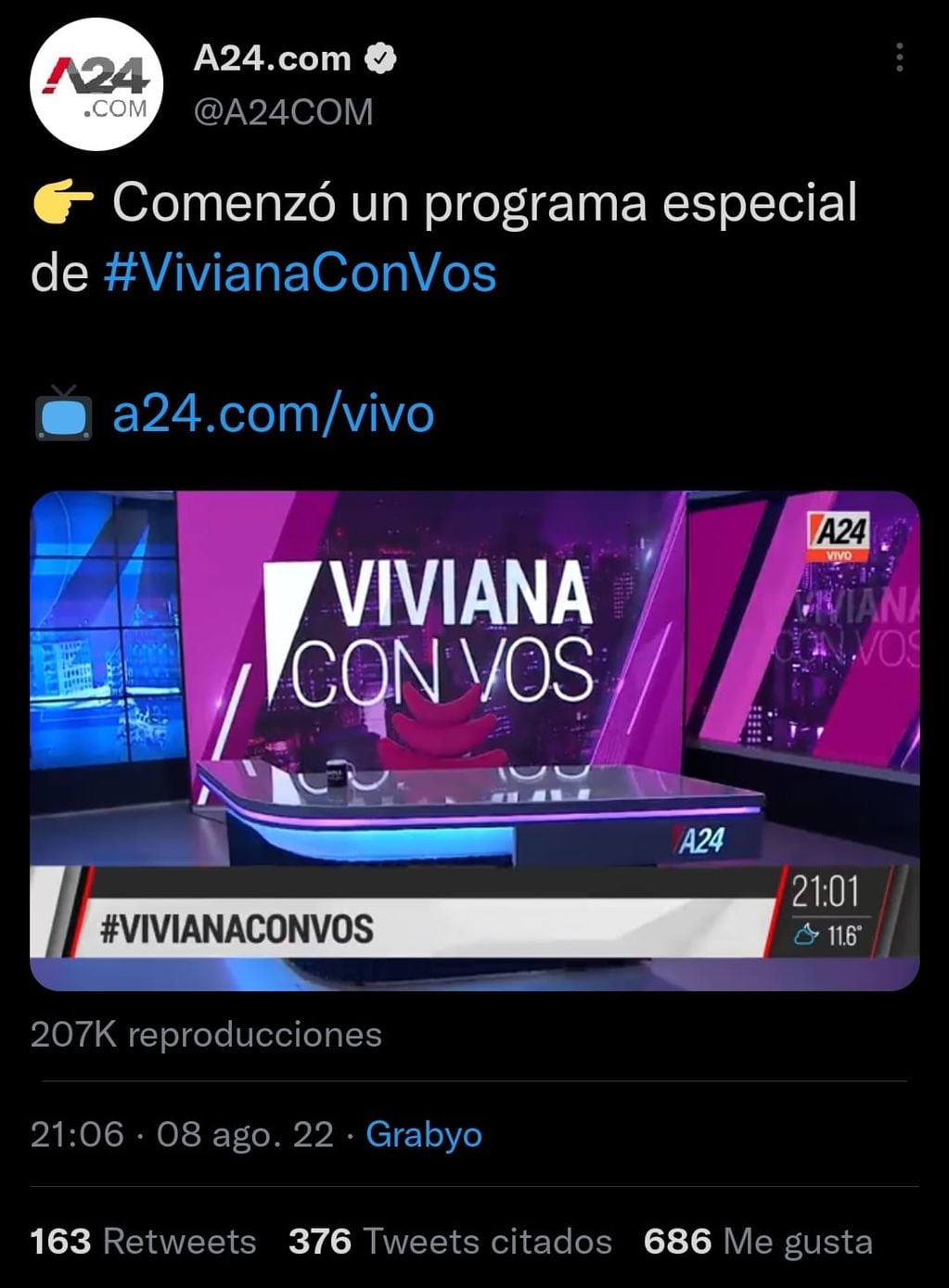 A24 emitió un "programa especial" sin Viviana Canosa (Captura de pantalla)