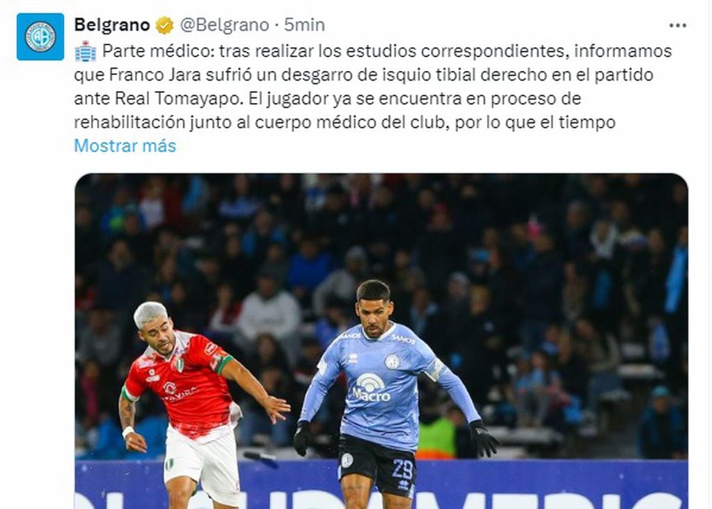 El parte médico de Belgrano por la lesión del goleador Franco Jara.
