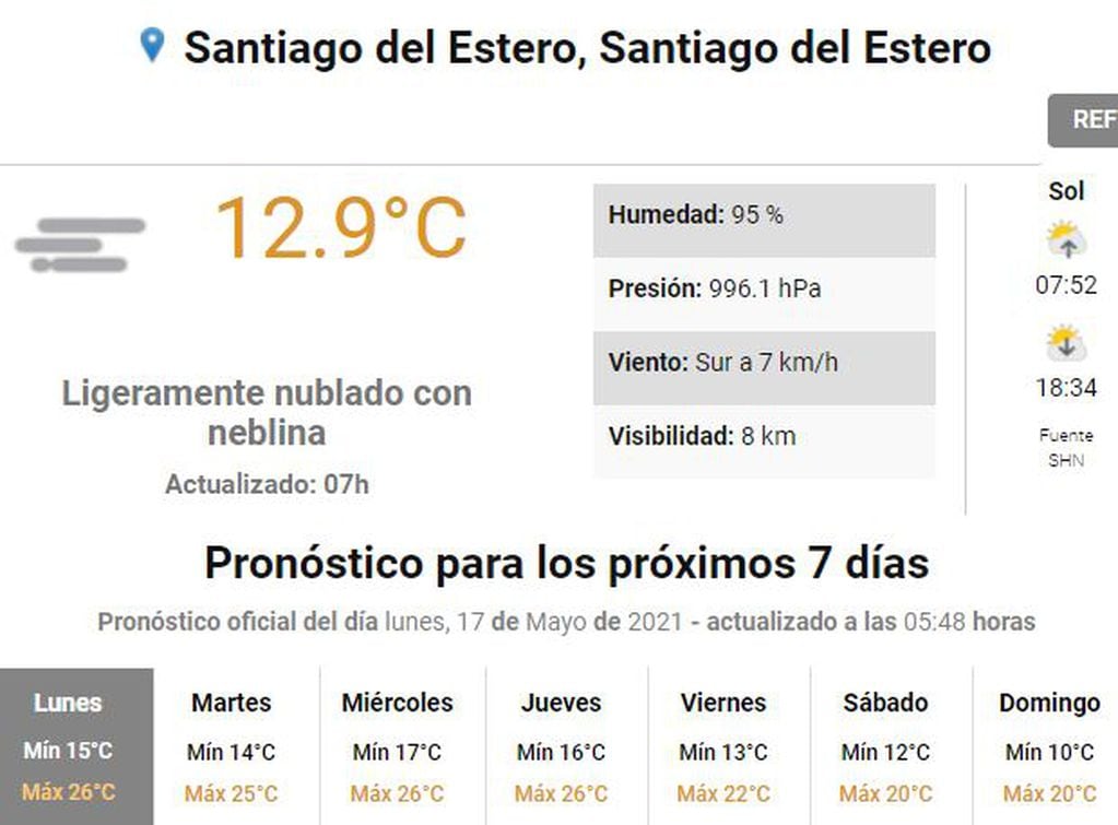 Pronóstico del tiempo en Santiago del Estero.