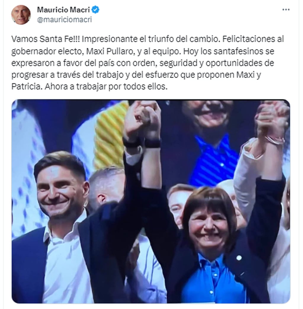 El tuit de Macri felicitando a Pullaro.