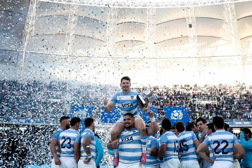 El festejo del equipo argentino de rugby Los Pumas.