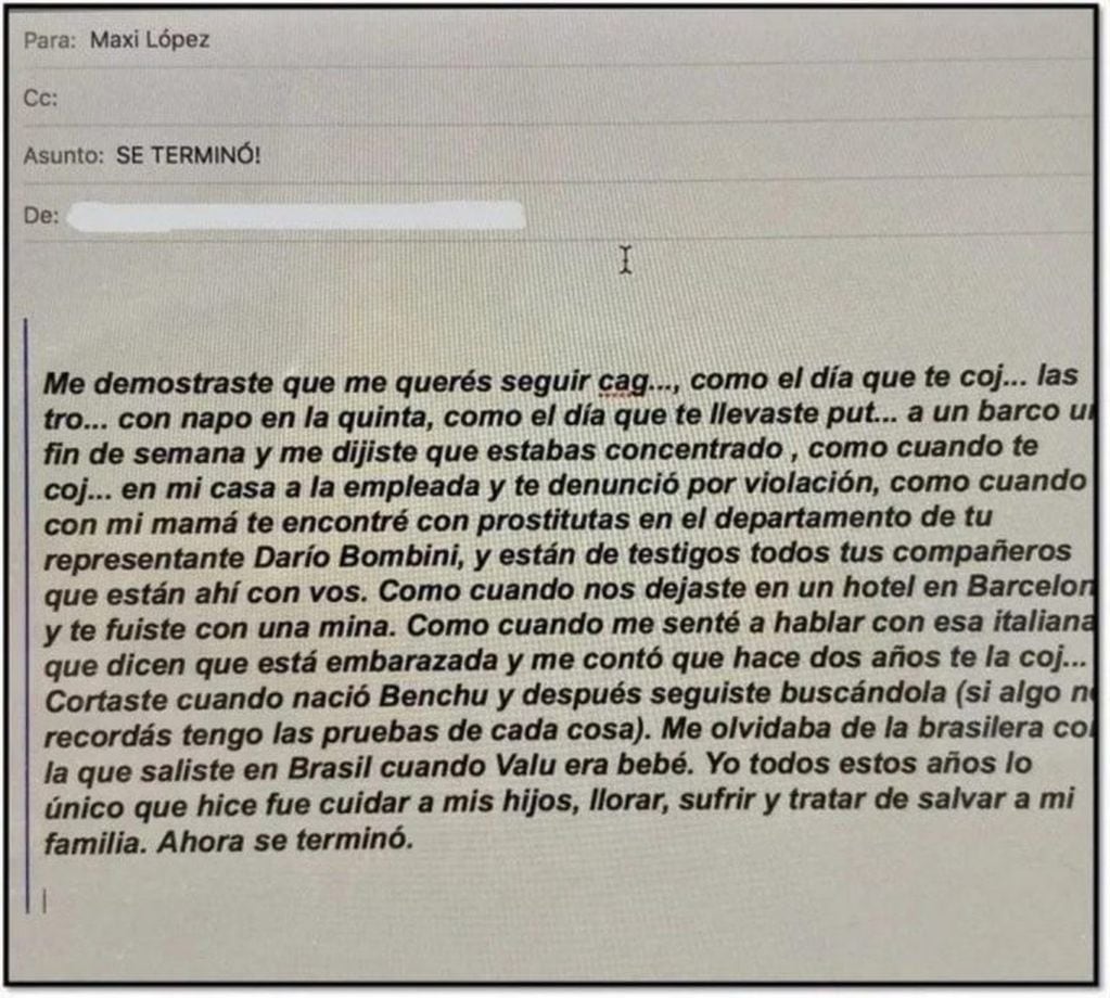 El mail que se filtró donde Wanda Nara revela las infidelidades de Maxi López.