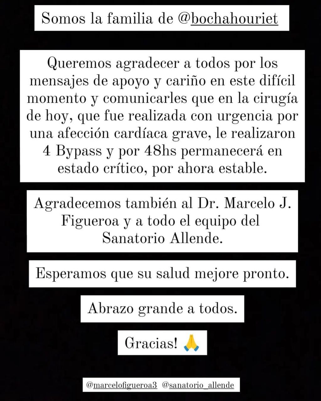 El comunicado de la familia del Bocha Houriet tras la intervención de urgencia en Córdoba.