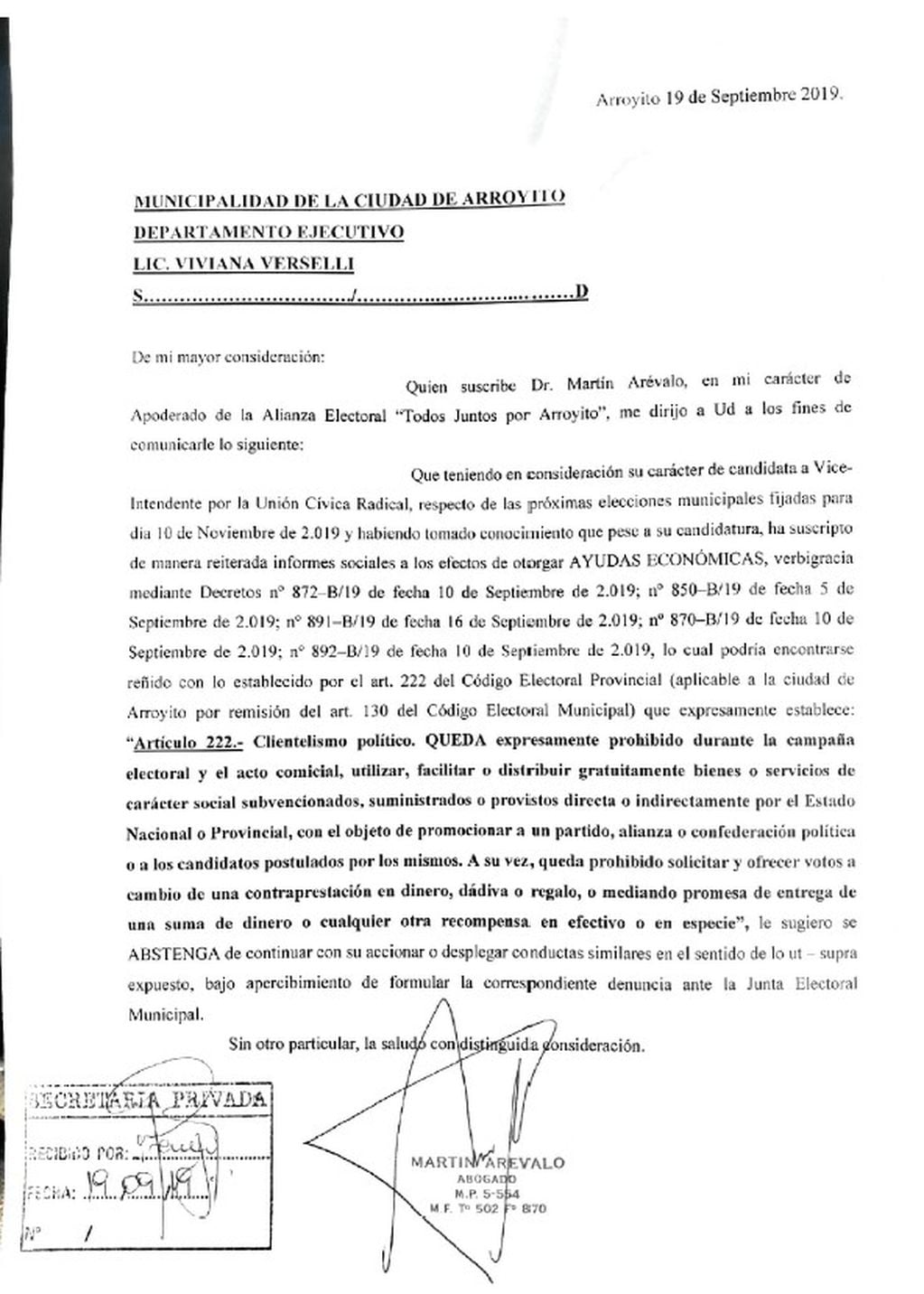 Carta enviada por al abogado Arévalo