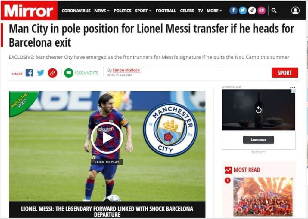 Manchester City haría "cualquier cosa" por atraer a Messi, según Daily Mirror